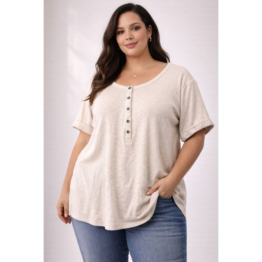Maurices‎ Plus Size 4X Beige Ribbed Henley Button Neck Short Sleeve Cotton Blend